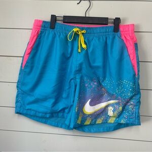Nike Turquoise Swim Shorts with Pink Panels and Yellow Drawstring